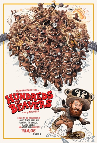 The poster for the movie Hundreds of Beavers. Roughly 100 mascot costume beavers holding various objects are chasing a cartoon man in a fur outfit.