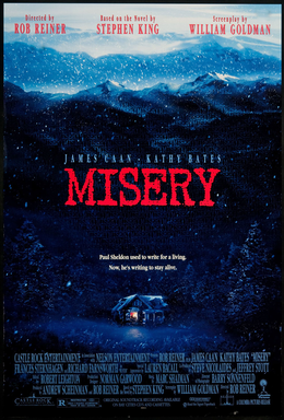 The poster for the movie Misery, featuring an ominous snowy cabin in the mountains.