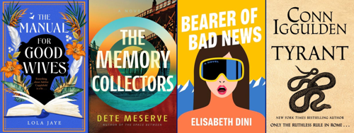 Covers for the books The Manual for Good Wives, The Memory Collectors, Bearer of Bad News, and Tyrant
