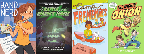 Covers for the books Band Nerd, The Battle for the Dragon's Temple, Camp Frenemies, and The Mighty Onion
