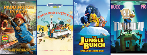 Artwork for the films Paddington in Peru, Room for Everyone, The Jungle Bunch, and The Day the Earth Blew Up