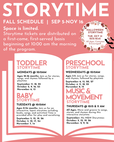 Fall 2023 Fall Storytime Schedule