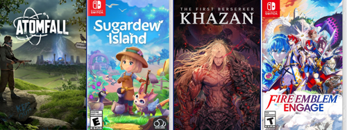 Covers for the games Atomfall, Sugardew Island, The First Berserker: Khazan, and Fire Emblem: Engage