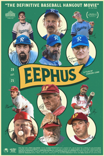 The poster for the movie Eephus. Headshots of 12 men in baseball uniforms adorn the poster.