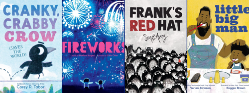 Covers to the books Cranky Crabby Crow, Fireworks, Frank's Red Hat, and Little Big Man