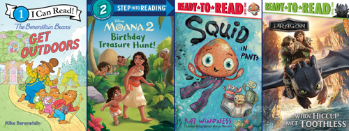 Book covers for The Berenstain Bears Get Outdoors, Moana 2 Birthday Treasure Hunt, Squid in Pants, and When Hiccup Met Toothless