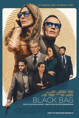 The poster for the movie Black Bag. A collection of character portraits are superimposed over a golden fingerprint.