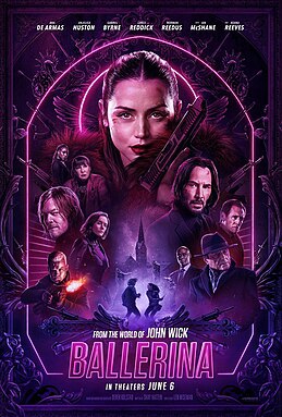 The poster for the movie Ballerina. A headshot of a woman holding a gun sits above character portraits of actors from the film.
