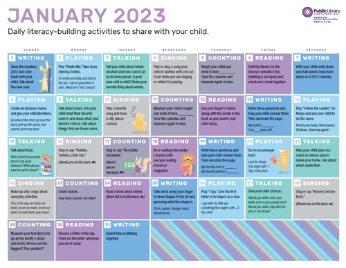 Early literacy calendar for January 2023