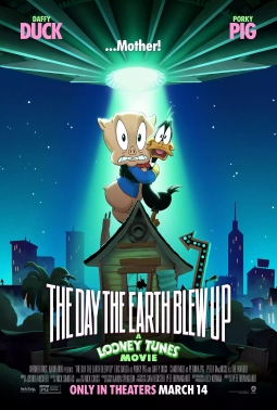 The poster for The Day the Earth Blew Up. Porky Pig & Daffy Duck embrace looking scared as a UFO floats above them.