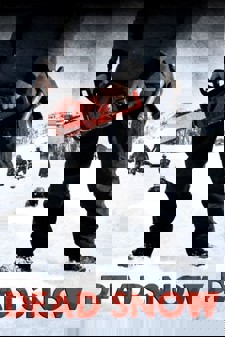 The poster for the movie Dead Snow featuring a man from the elbows down holding a chainsaw as zombies dressed as Nazis rise from the snow behind him.