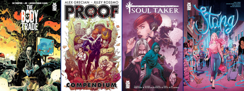 Book covers for The Body Trade, Proof, Soul Taker, and String
