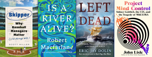 Book covers for Skipper, Is a River Alive?, Left for Dead, and Project Mind Control