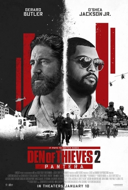 The poster for Den of Thieves 2: Pantera. Colored in black, white, & red it features two men looking in opposite directions above a collage of heavily armored & militarized men & vehicles.