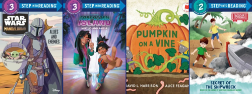 Four juvenile early reader book covers displayed side by side: Star Wars: The Mandalorian, Allies and Enemies, featuring the Mandalorian with Grogu in his floating carrier; Forgotten Island: Meet Jo and Raissa, showing two animated girls posing together against a colorful tropical background; Pumpkin on a Vine by David L. Harrison and Alice Fagan, featuring a large orange pumpkin surrounded by curling vines, leaves, and small garden animals; and The Boxcar Children: Secret of the Shipwreck, showing two children exploring a rocky shoreline near a small boat.